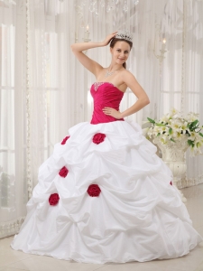 Sexy Hot Pink and White Sweet 16 Dress Strapless Taffeta Hand Made Flower Ball Gown