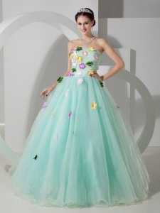 Sweet Apple Green Strapless Sweet 16 Dress Organza Hand Made Flowers Floor-length