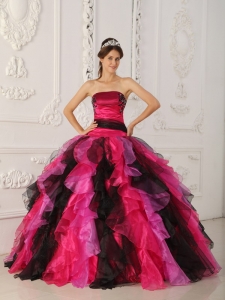 Wonderful Multi-color Sweet 16 Dress Strapless Organza Appliques and Ruffles Ball Gown