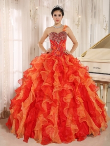 Custom Made Orange Red One Shoulder Beaded Decorate Ruffles Mendoza Sweet 16 Dress In Spring