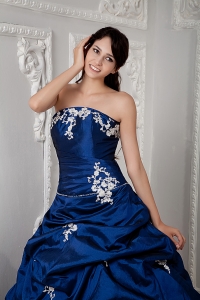 Royal Blue Strapless Quinceanea Dress Taffeta Appliques