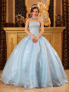 Romantic Baby Blue Sweet 16 Dress Strapless Organza Beading Ball Gown