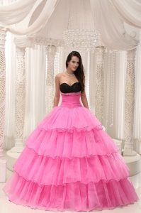 Rose Pink Sweetheart Beaded and Layers Ball Gown Sweet 16 Dress Taffeta and Organza