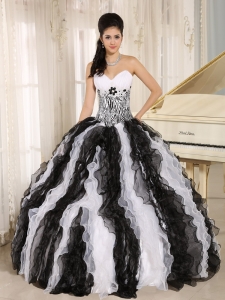 White and Black Ruffles Sweet 16 Dress With Appliques Sweetheart For Custom Made In Honolulu City Hawaii