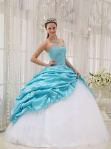 Affordable Aqua Blue Sweet 16 Dress Sweetheart Taffeta and Tulle Beading Ball Gown