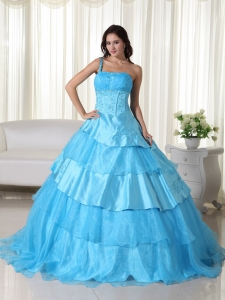 Aqua Ball Gown One Shoulder Floor-length Organza Beading Sweet 16 Dress