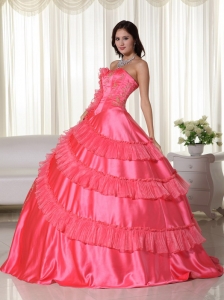 Coral Ball Gown Strapless Floor-length Taffeta Embroidery Sweet 16 Dress