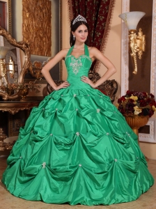 Exclusive Green Sweet 16 Dress Halter Top Taffeta Appliques Ball Gown