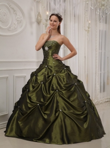 Exquisite Olive Green Sweet 16 Dress Strapless Taffeta and Satin Beading Ball Gown