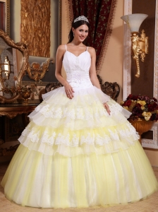 Gorgeous Yellow and White Sweet 16 Dress Spaghetti Straps Organza Lace Appliques Ball Gown