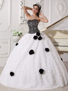 Remarkable White and Black Sweet 16 Dress Strapless Special Fabric Sequins and Hand Made Flowers Ball Gown