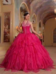 Romantic Hot Pink Sweet 16 Dress Halter Organza Embroidery Ball Gown