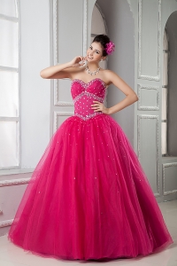 2013 Hot Pink Sweet 16 Dress Ball Gown Sweetheart Tulle Beading Floor-length