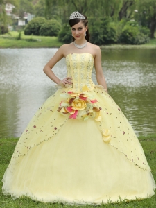 Appliques Embroidery and Hand Made Flowers Light Yellow Sweet 16 Dress For 2013 Strapless Floor-length