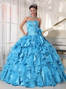 Beautiful Aqua Blue Sweet 16 Dress Sweetheart Floor-length Organza Beading Ball Gown