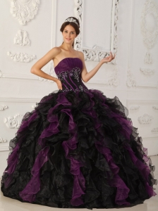 Brand New Purple and Black Sweet 16 Dress Strapless Taffeta and Organza Beading Ball Gown