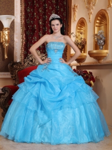 Chic Aqua Blue Sweet 16 Quinceanera Dress Strapless Organza Beading Ball Gown