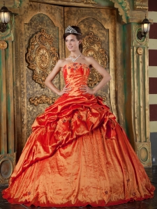 Elegant Orange Red Sweet 16 Dress Strapless Pick-ups Taffeta Ball Gown