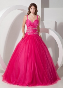 Hot Pink Ball Gown Spaghetti Straps Floor-length Tulle Beading Sweet 16 Dress