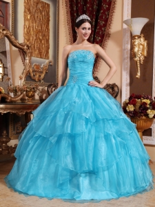 Impression Aqua Blue Sweet 16 Dress Strapless Organza Beading Ball Gown