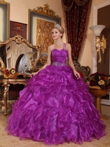 Low Price Purple Sweet 16 Dress One Shoulder Organza Beading Ball Gown