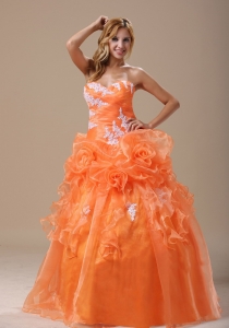 Michigan Appliques Decorate Up Bodice Orange With Hand Made Flowers Floor-length For 2013 Military Ball Gowns