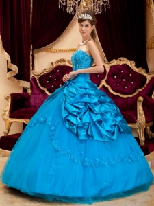 New Sky Blue Sweet 16 Dress Strapless Taffeta and Tulle Lace Appliques Ball Gown