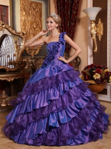 Remarkable Purple Sweet 16 Dress One Shoulder Taffeta and Organza Hand Made Flowers Ball Gown