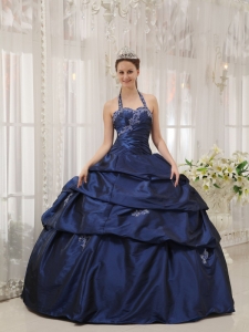 Simple Navy Blue Sweet 16 Quinceanera Dress Halter Taffeta Appliques Ball Gown