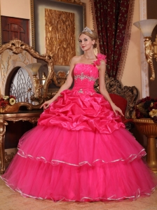 Discount Hot Pink Sweet 16 Dress One Shoulder Organza Beading and Pick-ups Ball Gown