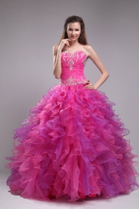 Affordable Fuchsia Sweet 16 Dress Sweetheart Orangza Appliques Ball Gown