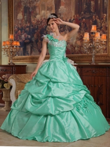 Brand New Apple Green Sweet 16 Dress One Shoulder Hand Flowers Taffeta Ball Gown