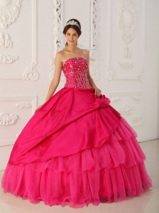 Lovely Hot Pink Sweet 16 Dress Strapless Organza and Taffeta Beading Ball Gown