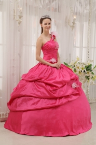 Modern Coral Red Sweet 16 Dress One Shoulder Taffeta Beading Pick-ups Ball Gown