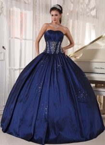 Modest Navy Sweet 16 Dress Strapless Taffeta Embroidery and Beading Ball Gown