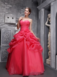 Pretty Coral Red Sweet 16 Dress Sweetheart Organza Beading and Ruch Ball Gown