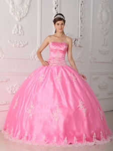 Pretty Pink Sweet 16 Quinceanera Dress Strapless Lace Appliques Ball Gown