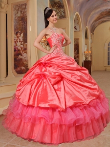 Sweet Coral Red Sweet 16 Quinceanera Dress One Shoulder Taffeta Ball Gown