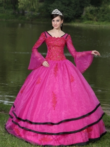 The Most Popular Long Sleeves Appliques Decorate Fushsia Sweet 16 Dress With V-neck