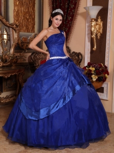 Top Seller Royal Blue Sweet 16 Dress One Shoulder Organza Beading Ball Gown