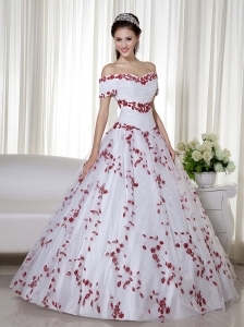 White and Red Ball Gown Off The Shoulder Floor-length Taffeta and Organza Embroidery Sweet 16 Dress