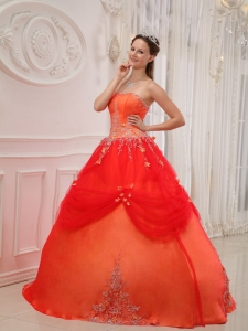 Affordable Orange Red Sweet 16 Dress Strapless Taffeta and Tulle Appliques Ball Gown