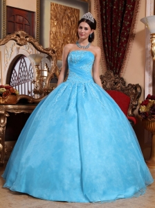 Aqua Blue Sweet 16 Quinceanera Dress Strapless Organza Appliques Ball Gown