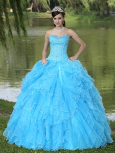 Beaded Ruffles Layered Decorate Famous Designer Sweet 16 Dress With Sweetheart Aqua Skirt