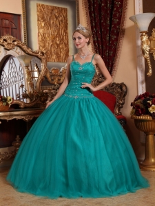 Brand New Teal Sweet 16 Dress Spaghetti Straps Tulle Beading Ball Gown
