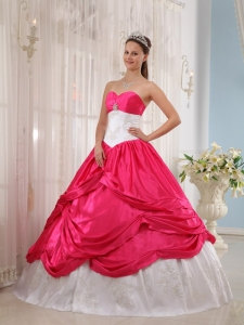 Coral Red and White Ball Gown Sweetheart Floor-length Taffeta Appliques Sweet 16 Dress