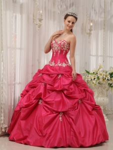 Formal Coral Red Sweet 16 Dress Sweetheart Taffeta Appliques Ball Gown