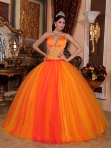 Gorgeous Orange Red Sweet 16 Dress V-neck Taffeta and Tulle Beading Ball Gown