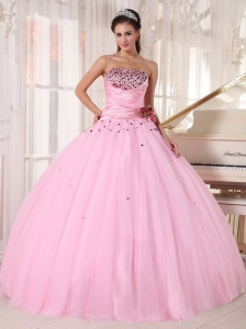 Luxurious Pink Sweet 16 Dress Strapless Tulle Beading and Ruch Ball Gown