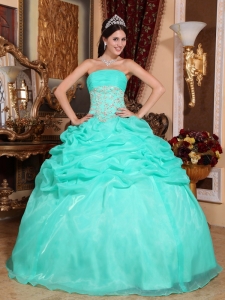Romantic Turquoise Sweet 16 Dress Strapless Organza Appliques Ball Gown